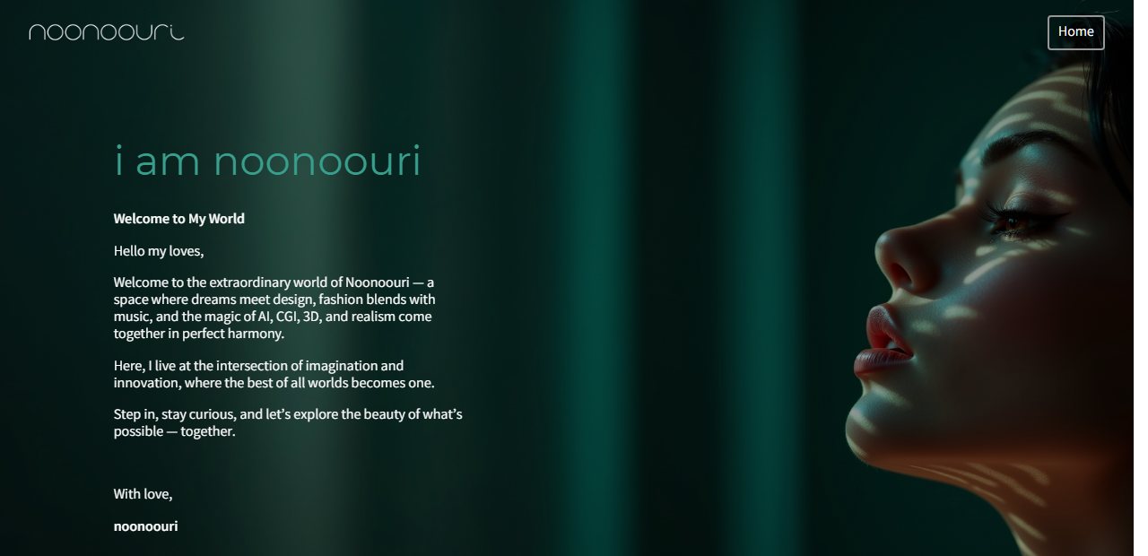 Noonoouri's official website showing a photorealistic close-up profile of her face lit in green, with the heading i am noonoouri