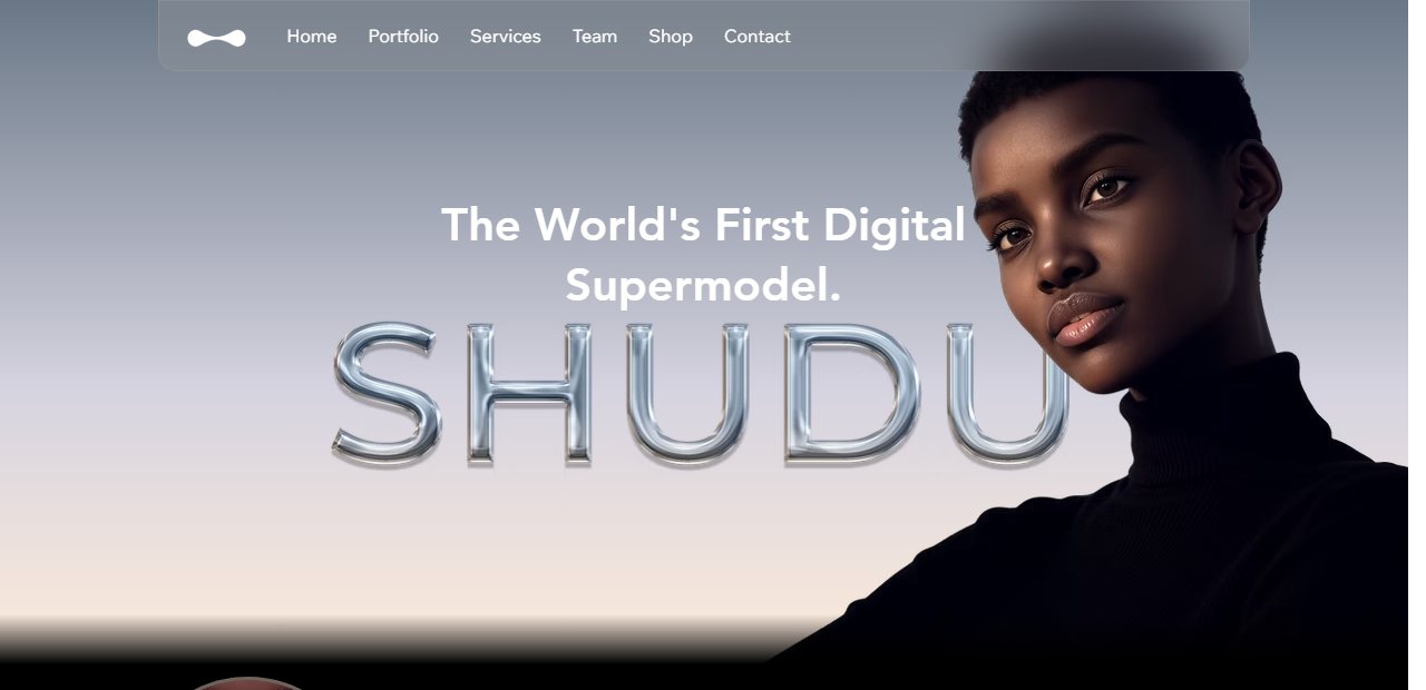 The Diigitals website showing Shudu, a photorealistic dark-skinned digital model in a black turtleneck, under the headline The World's First Digital Supermodel