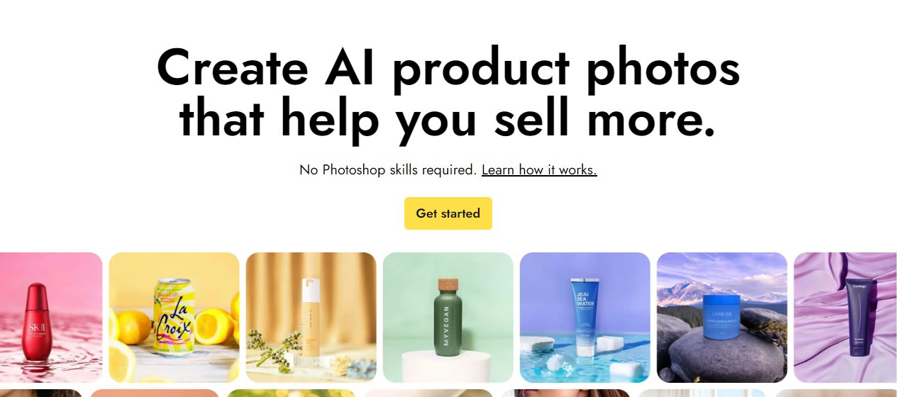 Pebblely homepage reading Create AI product photos that help you sell more, above a row of generated product shots — a serum bottle, a drinks can, skincare packaging — each on a different styled background