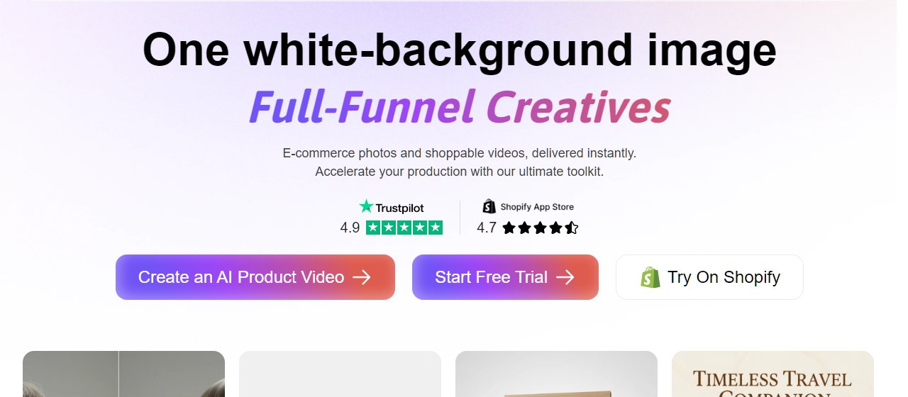 SellerPic homepage reading One white-background image, Full-Funnel Creatives, with Trustpilot 4.9 and Shopify App Store 4.7 ratings and buttons to create an AI product video or start a free trial