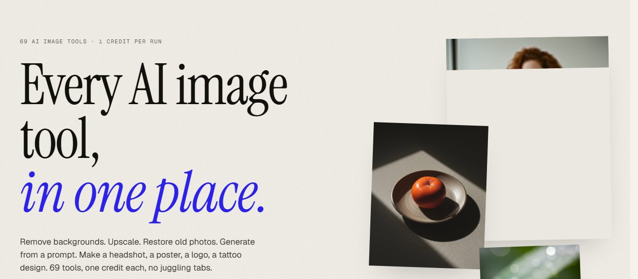 SnapFusion homepage reading Every AI image tool, in one place, with sample generated images and the line 69 AI image tools, 1 credit per run