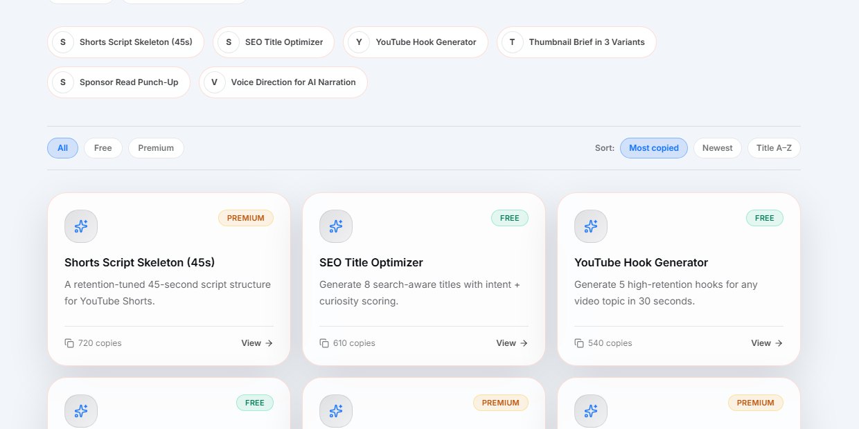 The Channel Grow prompts library showing cards for Shorts Script Skeleton, SEO Title Optimizer and YouTube Hook Generator with free and premium badges and copy counts
