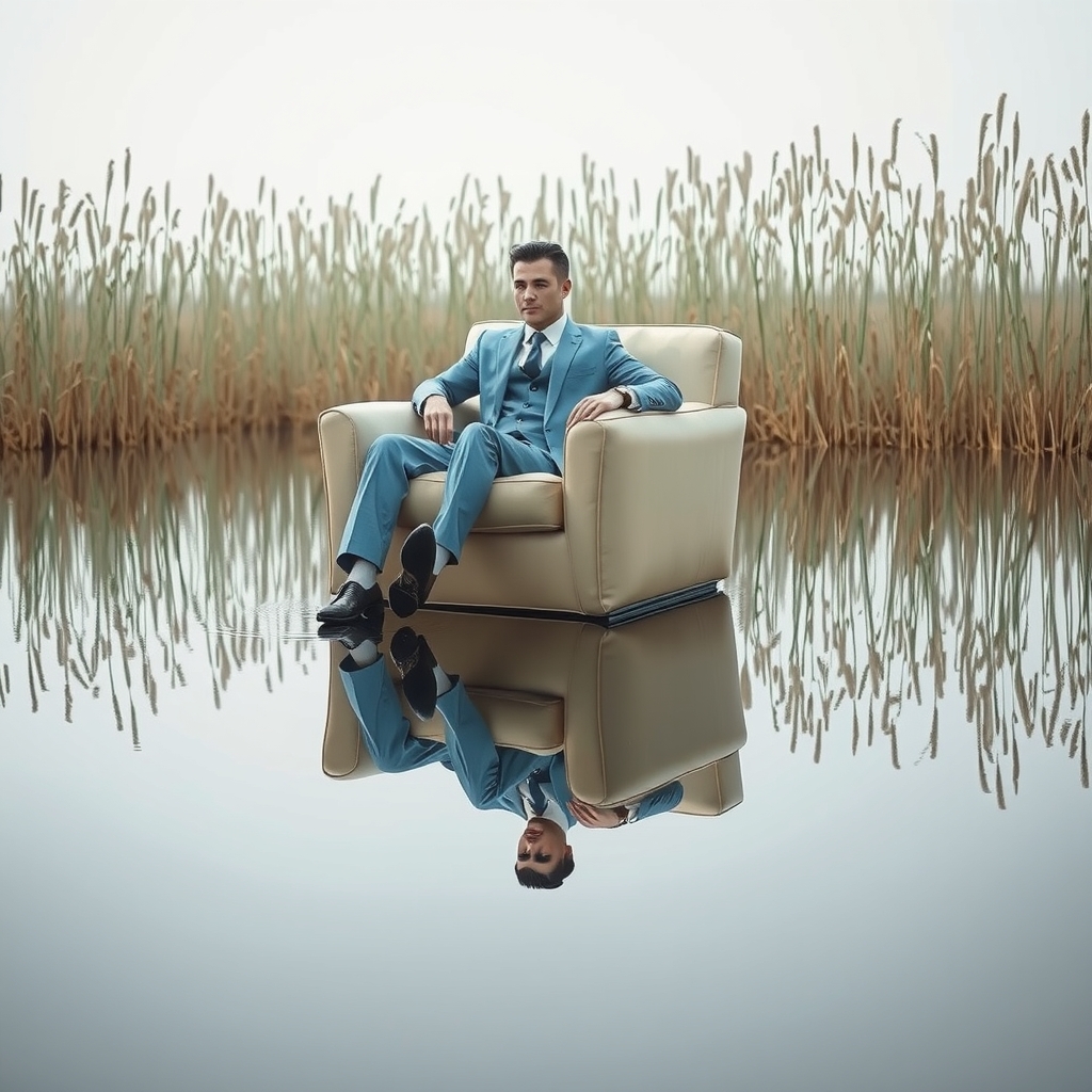 Surreal editorial photo of a man in a sky-blue suit on an armchair floating on a mirror-still pond