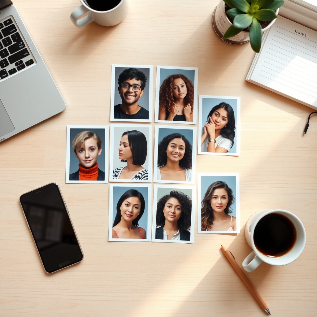 Flat lay of nine printed portrait photos arranged in a three-by-three grid on a desk