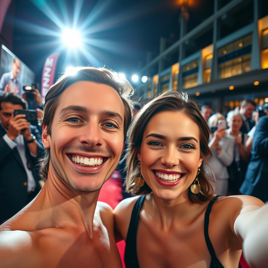 Wide-angle selfie of two people smiling on a red carpet with flash and paparazzi bokeh
