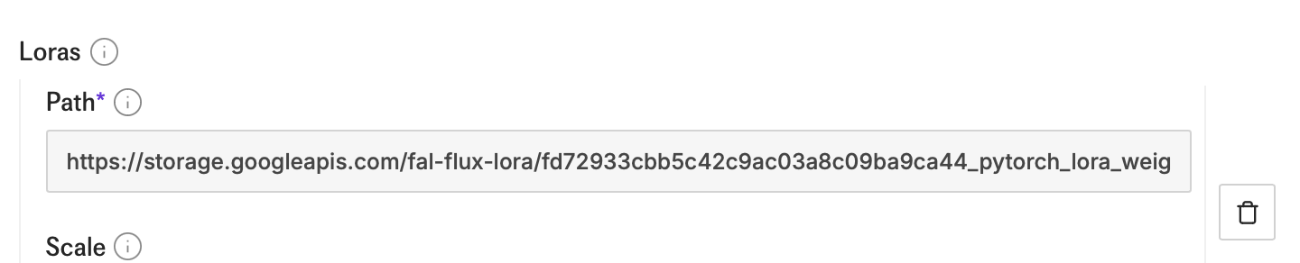 Fal.ai Loras section with a LoRA URL pasted into the Path field