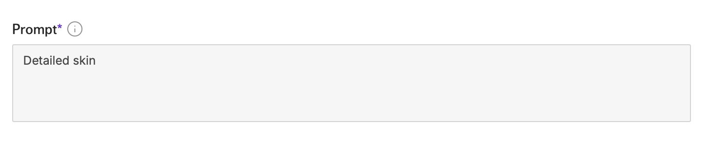 Fal.ai prompt field containing only the words Detailed skin